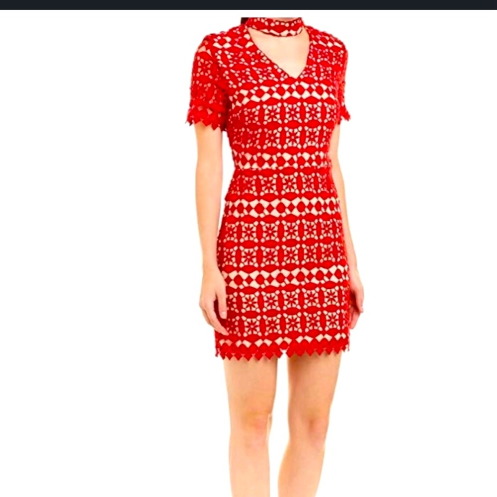J.O.A Red Lace & nude chocker Mini Dress Size medium